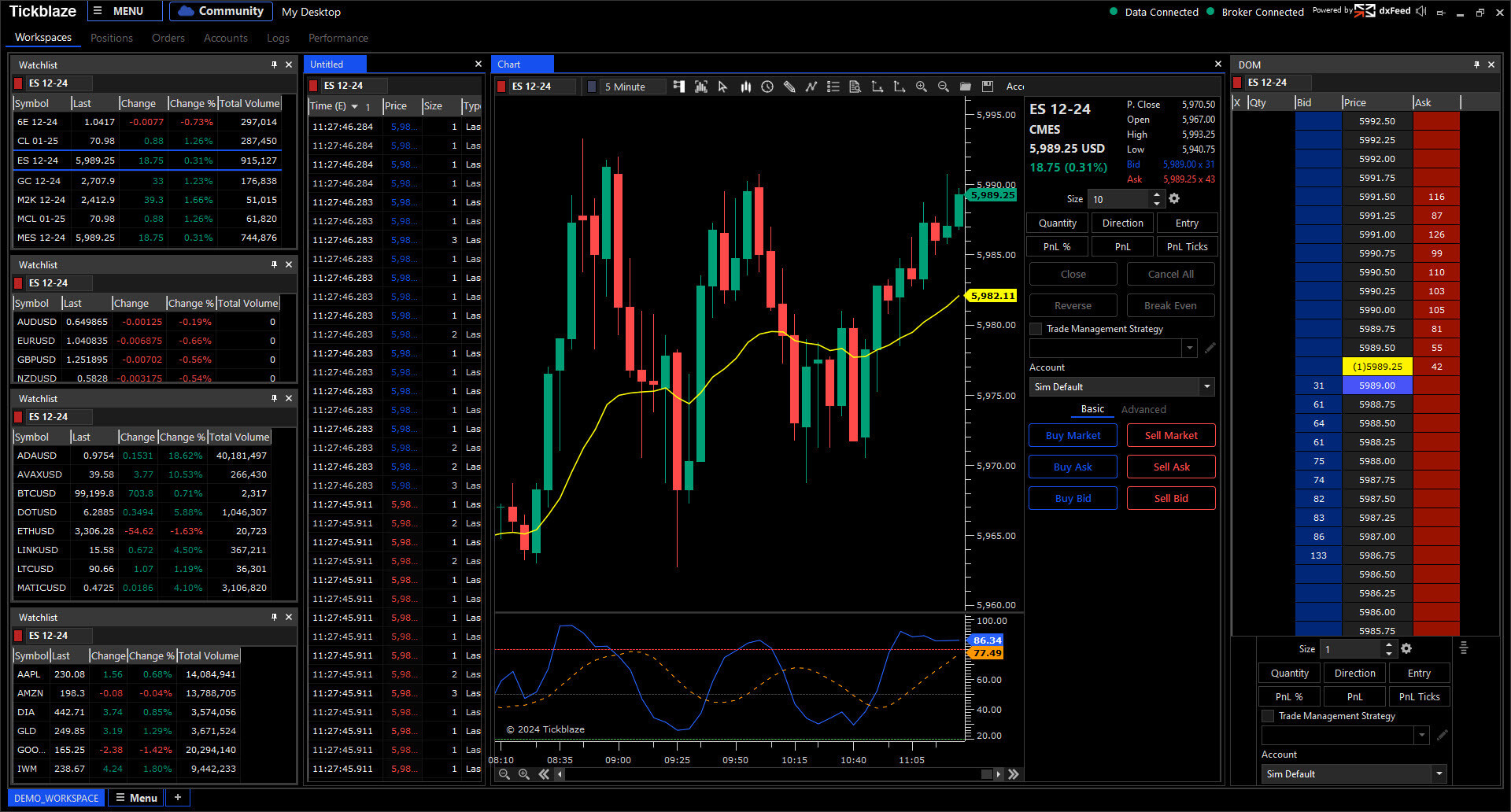 Tickblaze Discretionary Desktop with multi-chart layout, DOM, and orderflow.
